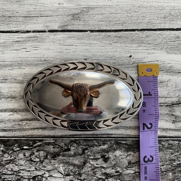 Vintage Texas Longhorn Western Belt Buckle Oval Silver Gold Tone - Picture 4 of 5